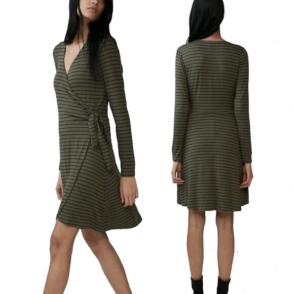 Express Dress Womens Size S Green Black V-Neck Long Sleeve Striped Wrap Style - Picture 1 of 8